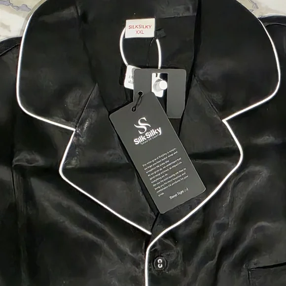 NWT Amazing Women's Black 100% Mulberry Silk  Pajama with White Piping, Size XXL - Picture 2 of 16
